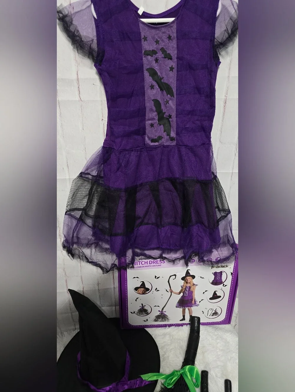 Kids Witch Halloween Costume Set Size M Purple Dress Hat & Broom